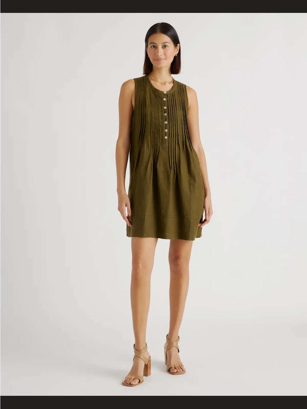 Quince Olive European Linen Sleeveless Swing Dress